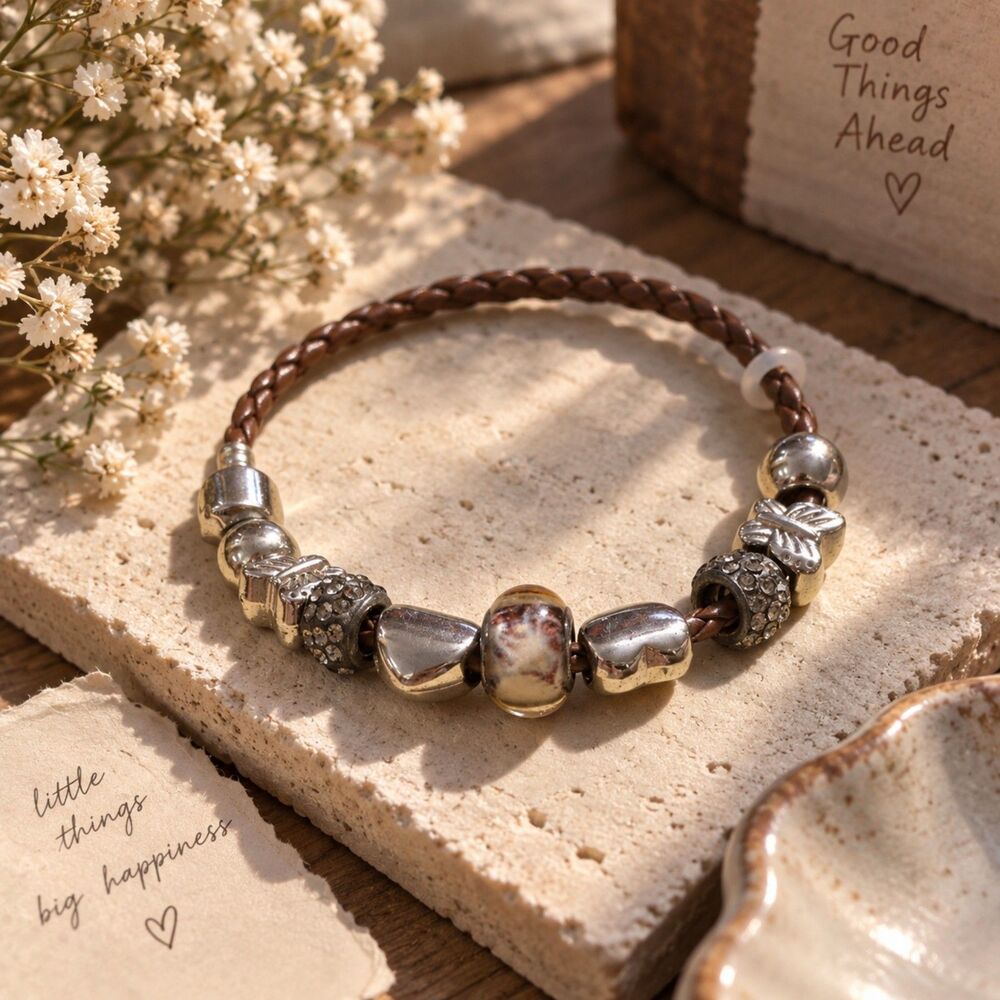 Brown Braided Charm Bracelet Silver Tone Hearts Rhinestone Beads Boho Jewelry